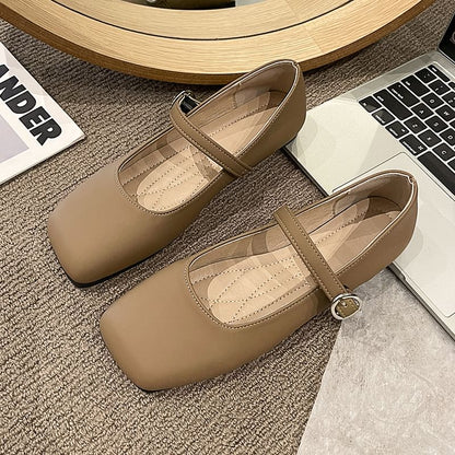 Square Toe Plain Faux Leather Mary Jane Flats