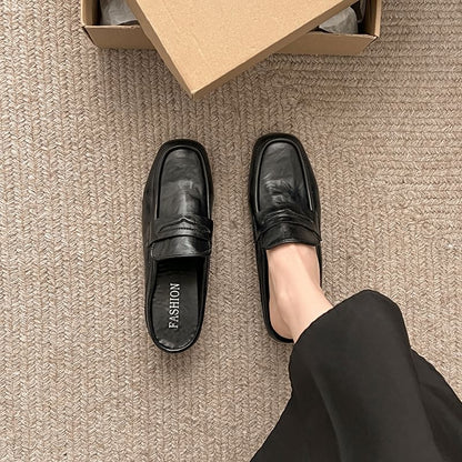 Chunky Heel Plain Faux Leather Penny Loafer Mules