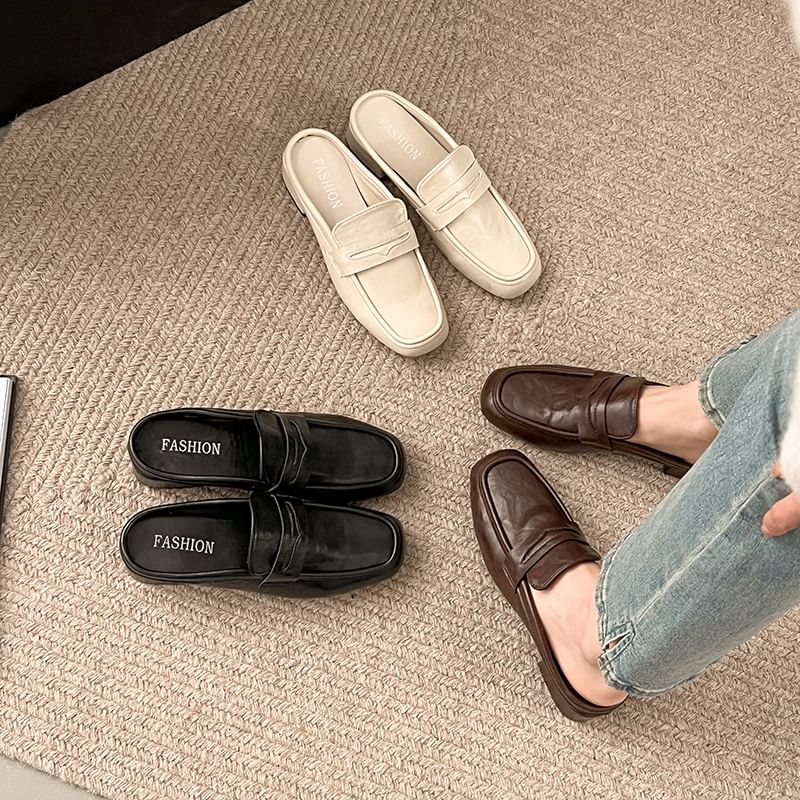 Chunky Heel Plain Faux Leather Penny Loafer Mules