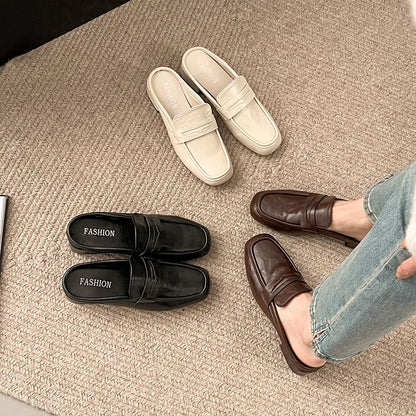 Chunky Heel Plain Faux Leather Penny Loafer Mules