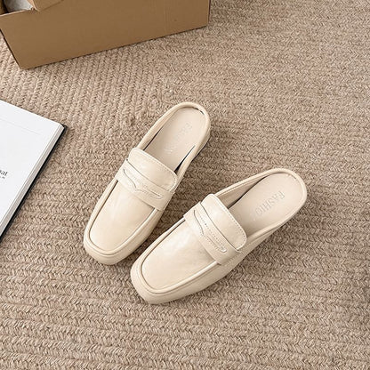 Chunky Heel Plain Faux Leather Penny Loafer Mules