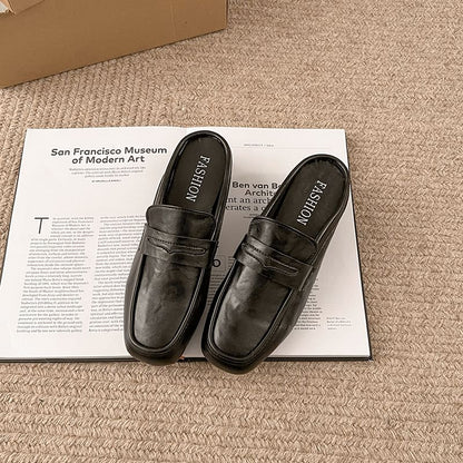 Chunky Heel Plain Faux Leather Penny Loafer Mules