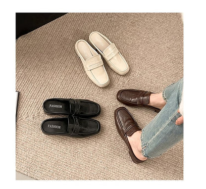 Chunky Heel Plain Faux Leather Penny Loafer Mules