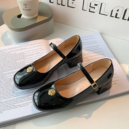 Chunky Heel Flower Accent Patent Leather Mary Jane Pumps