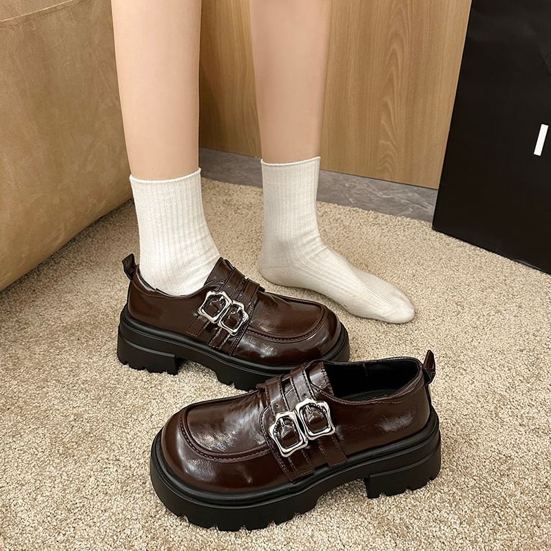 Platform Plain Buckled Faux Leather Shoes