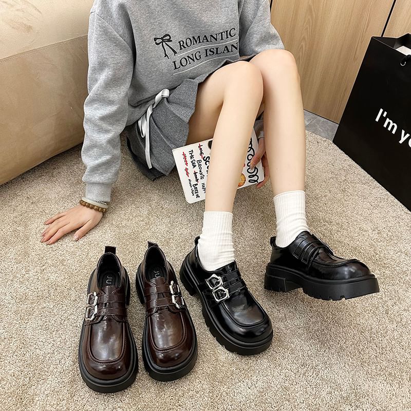 Platform Plain Buckled Faux Leather Shoes