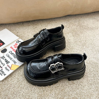 Platform Plain Buckled Faux Leather Shoes