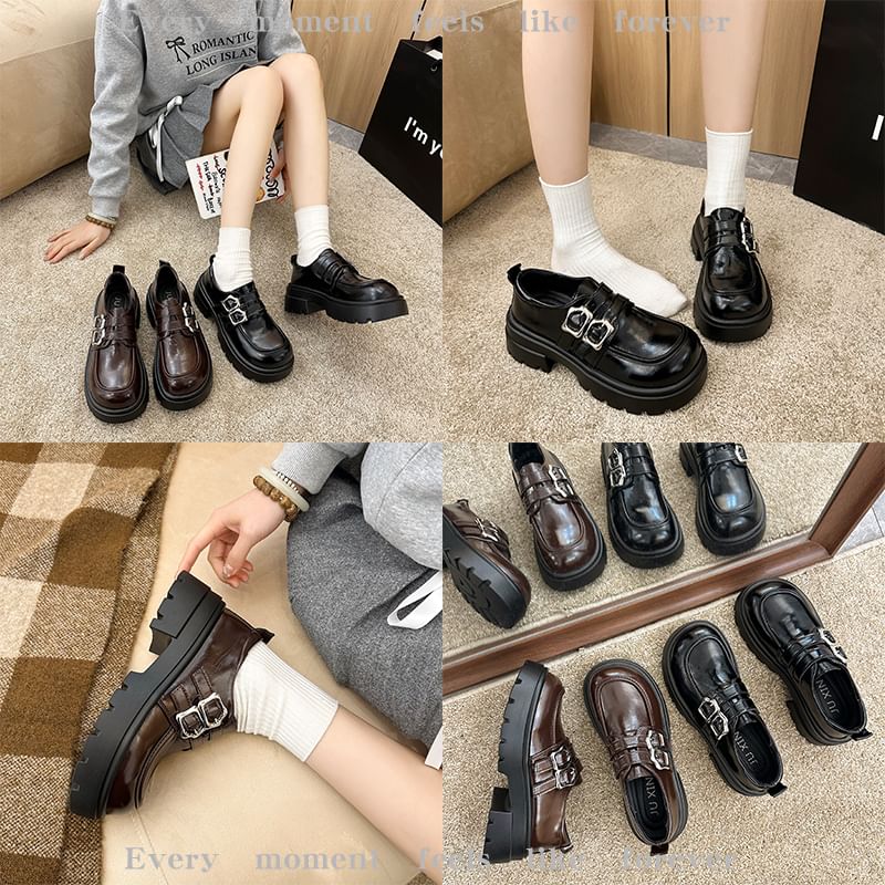 Platform Plain Buckled Faux Leather Shoes