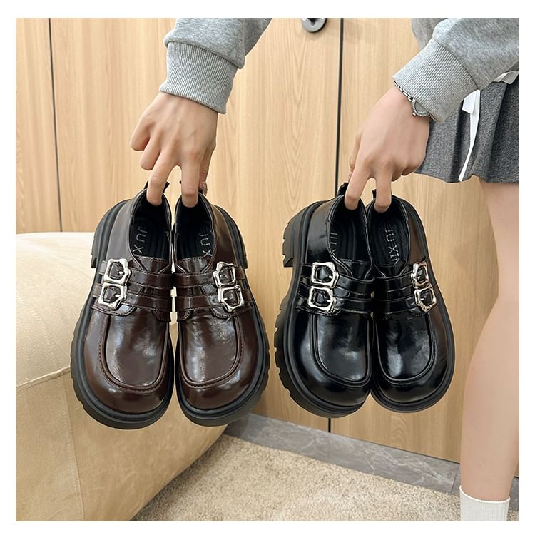 Platform Plain Buckled Faux Leather Shoes