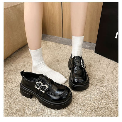 Platform Plain Buckled Faux Leather Shoes