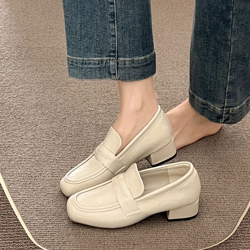 Chunky Heel Plain Faux Leather Penny Loafers