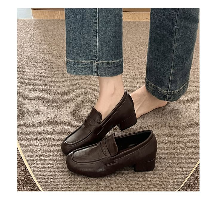 Chunky Heel Plain Faux Leather Penny Loafers