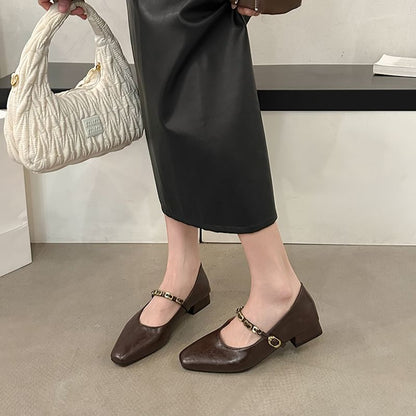 Chunky Heel Buckled Faux Leather Mary Jane Pumps