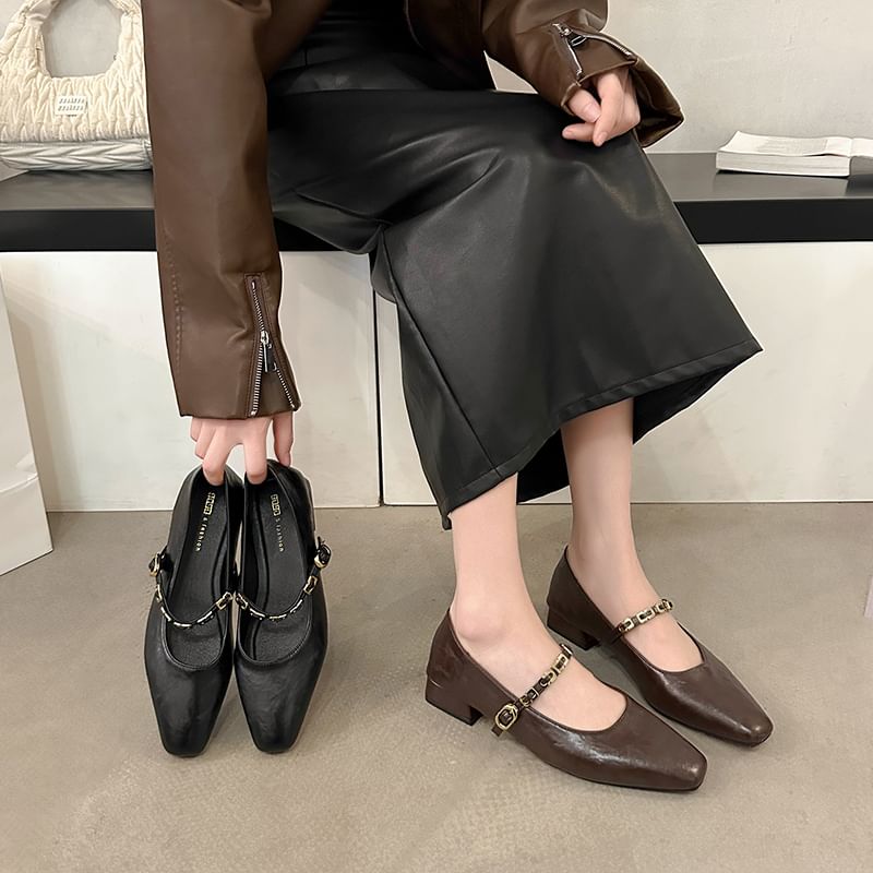 Chunky Heel Buckled Faux Leather Mary Jane Pumps