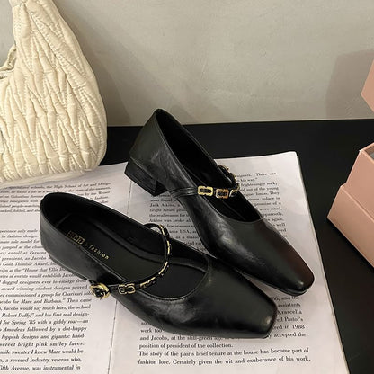 Chunky Heel Buckled Faux Leather Mary Jane Pumps