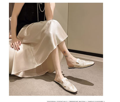 Square Toe Floral Embroidered Flat Mules