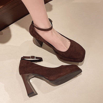 Chunky Heel Square Toe Ankle Strap Plain Pumps