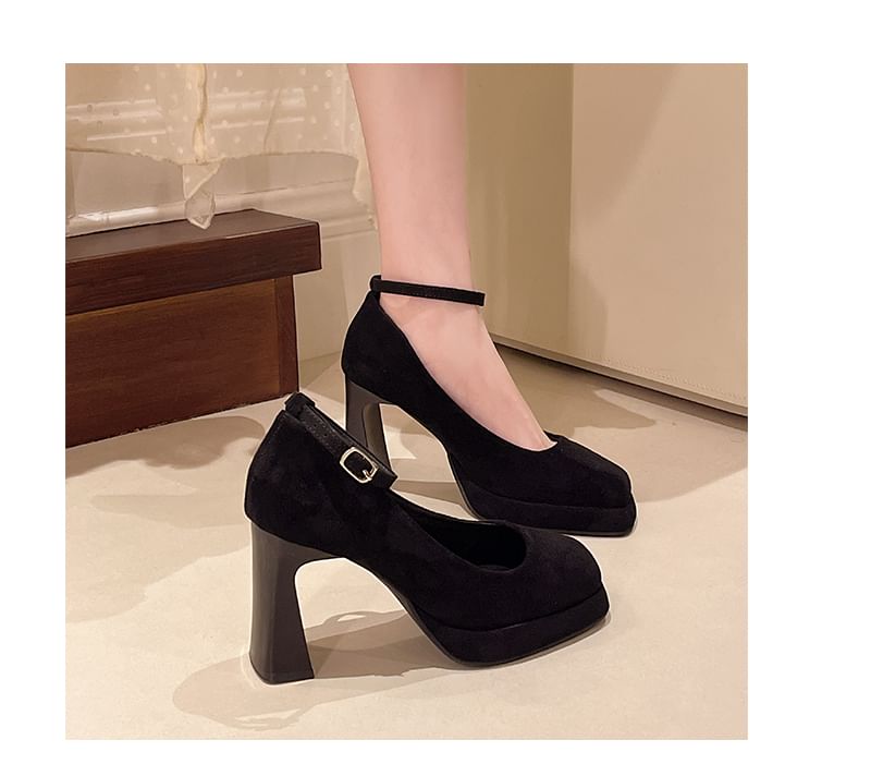Chunky Heel Square Toe Ankle Strap Plain Pumps