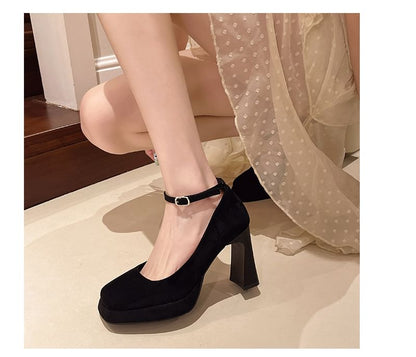 Chunky Heel Square Toe Ankle Strap Plain Pumps