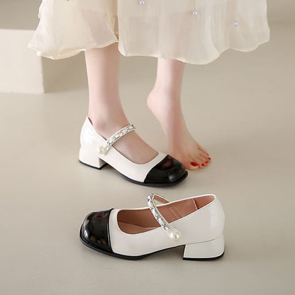 Chunky Heel Cap Toe Faux Pearl Accent Mary Jane Pumps