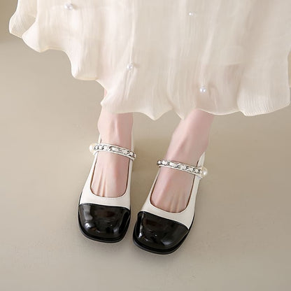 Chunky Heel Cap Toe Faux Pearl Accent Mary Jane Pumps