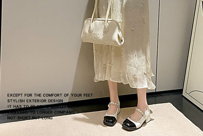 Chunky Heel Cap Toe Faux Pearl Accent Mary Jane Pumps