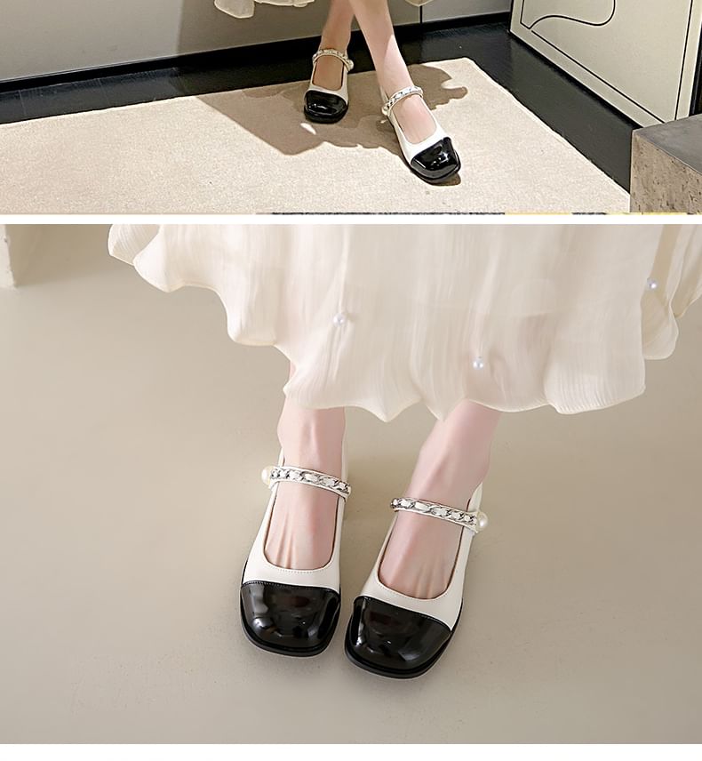 Chunky Heel Cap Toe Faux Pearl Accent Mary Jane Pumps