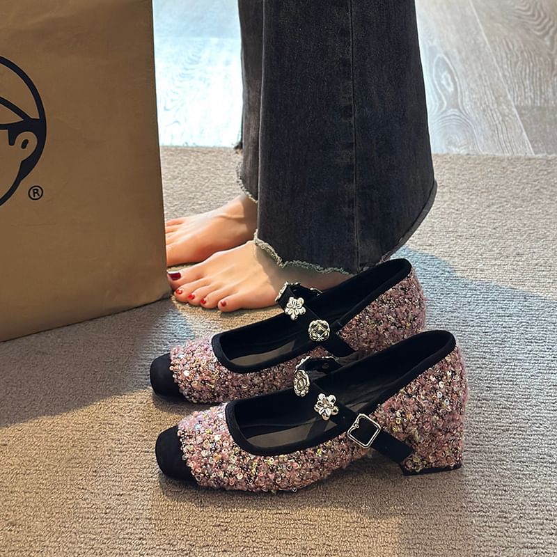 Chunky Heel Sequin Metal Accent Mary Jane Pumps