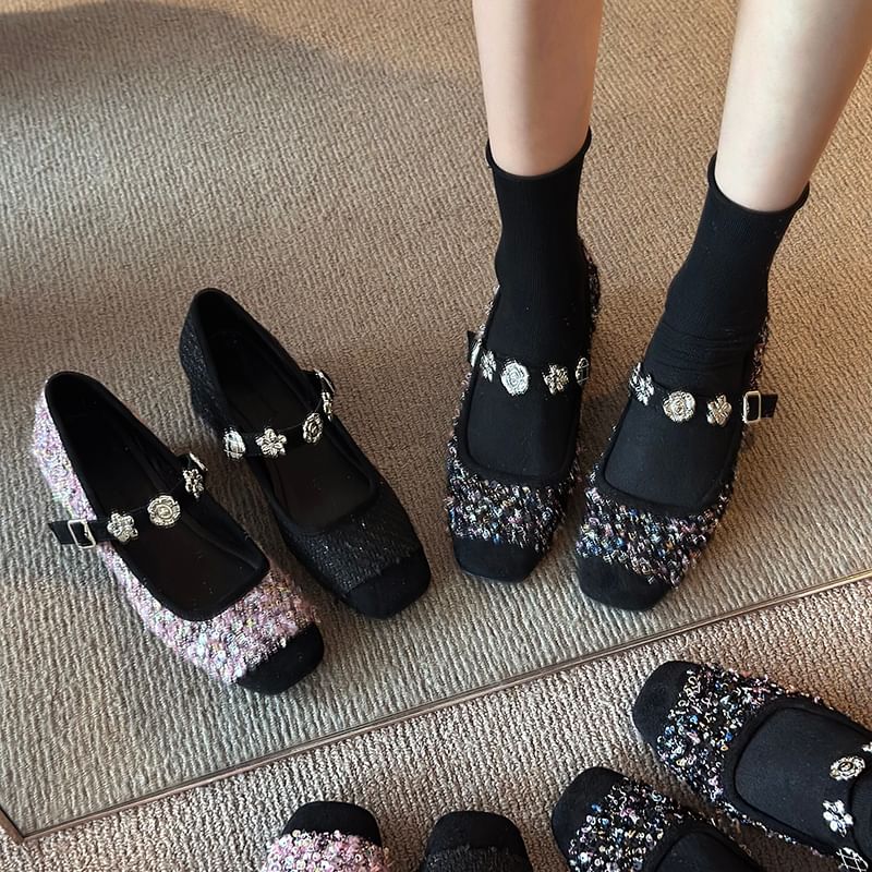 Chunky Heel Sequin Metal Accent Mary Jane Pumps