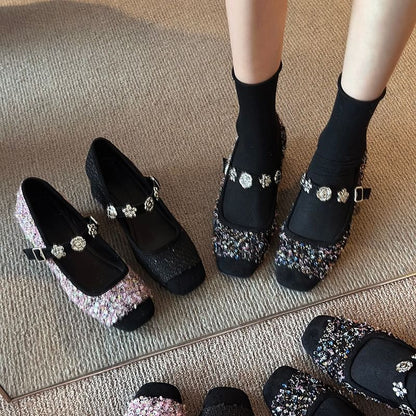 Chunky Heel Sequin Metal Accent Mary Jane Pumps