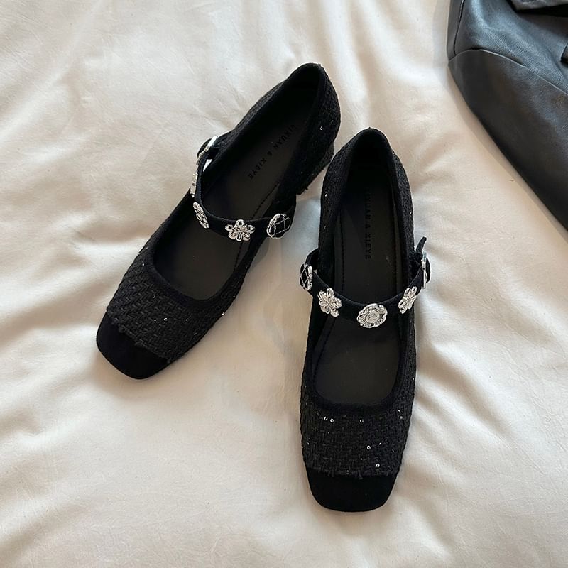 Chunky Heel Sequin Metal Accent Mary Jane Pumps