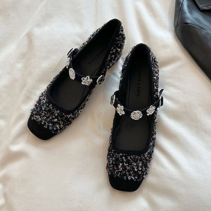 Chunky Heel Sequin Metal Accent Mary Jane Pumps