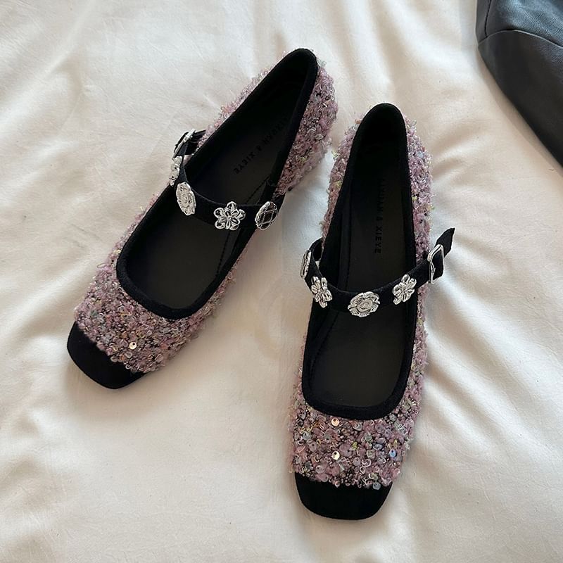 Chunky Heel Sequin Metal Accent Mary Jane Pumps