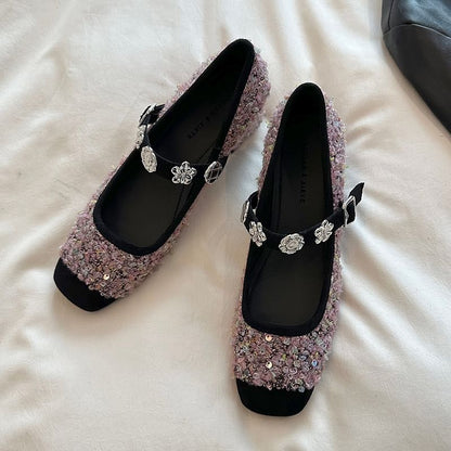 Chunky Heel Sequin Metal Accent Mary Jane Pumps