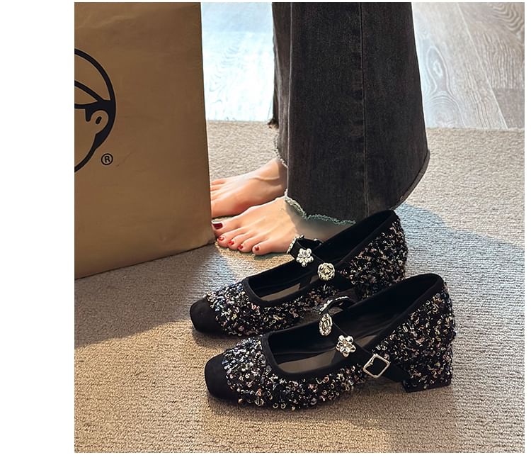 Chunky Heel Sequin Metal Accent Mary Jane Pumps