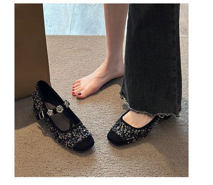 Chunky Heel Sequin Metal Accent Mary Jane Pumps