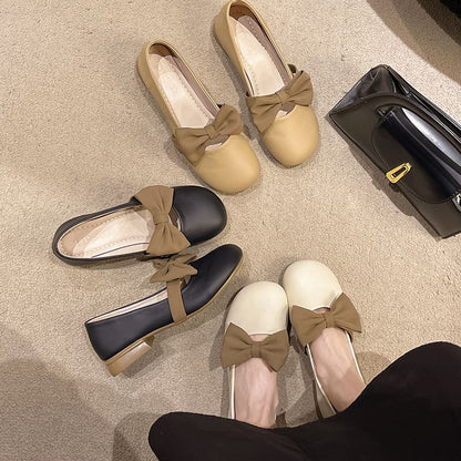 Low Heel Two Tone Bow Accent Faux Leather Mary Jane Shoes