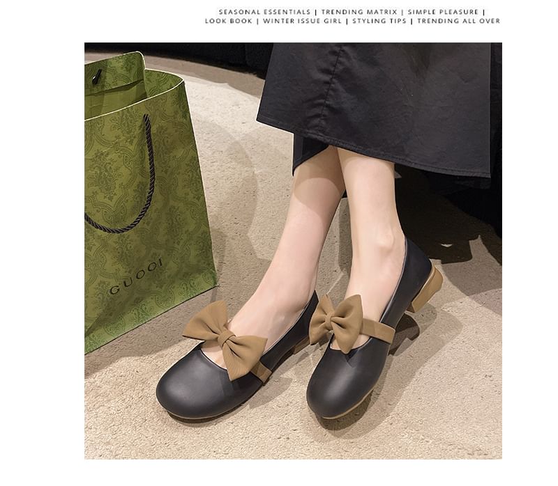 Low Heel Two Tone Bow Accent Faux Leather Mary Jane Shoes