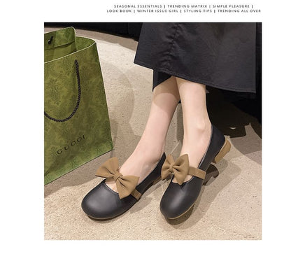 Low Heel Two Tone Bow Accent Faux Leather Mary Jane Shoes