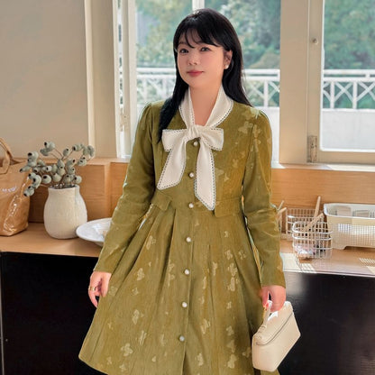 Plus Size Long-Sleeve V-Neck Floral Print Button-Up A-Line Dress