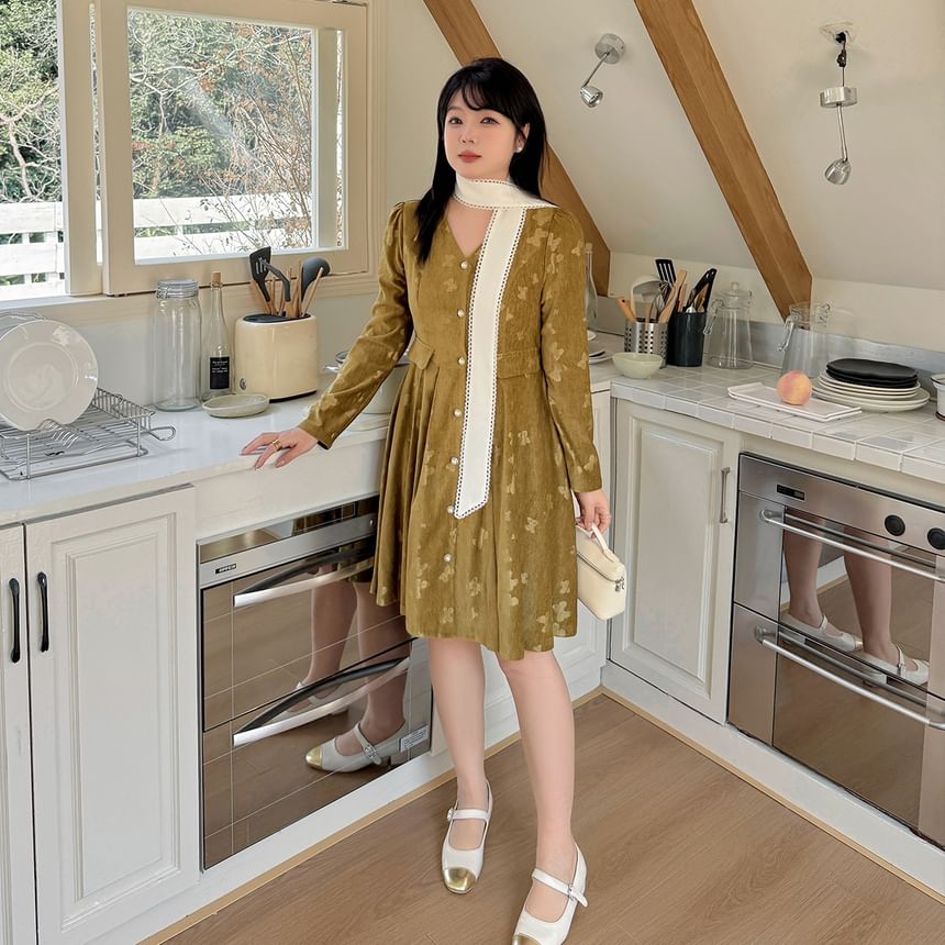 Plus Size Long-Sleeve V-Neck Floral Print Button-Up A-Line Dress