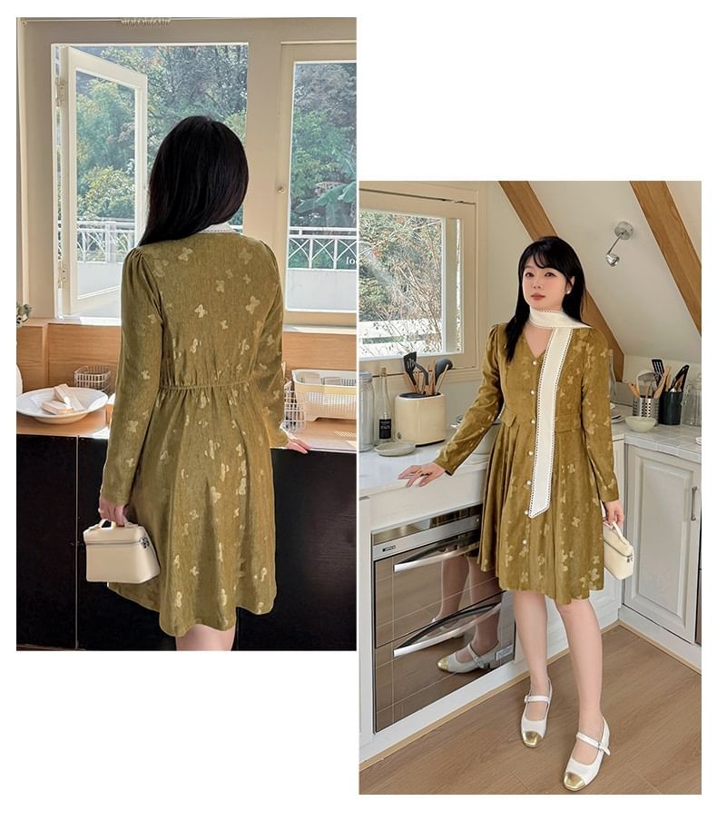 Plus Size Long-Sleeve V-Neck Floral Print Button-Up A-Line Dress