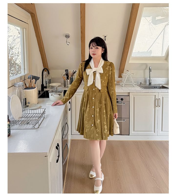 Plus Size Long-Sleeve V-Neck Floral Print Button-Up A-Line Dress