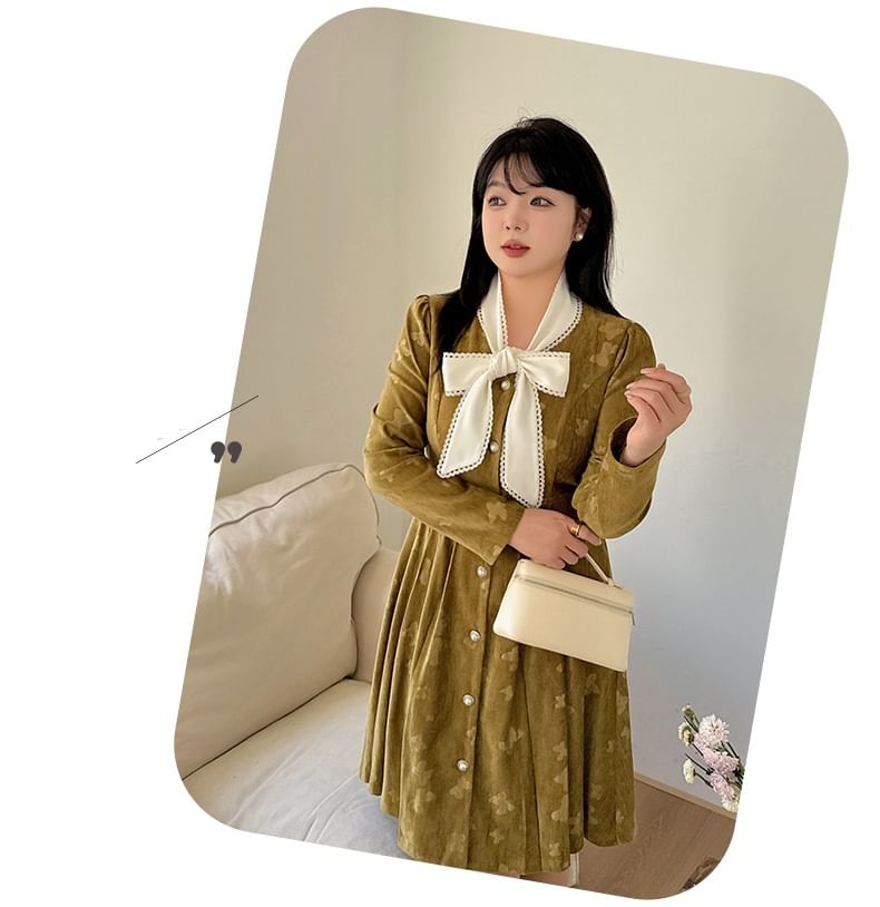 Plus Size Long-Sleeve V-Neck Floral Print Button-Up A-Line Dress