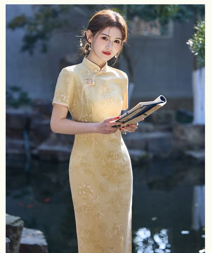 Short-Sleeve Floral Maxi Qipao