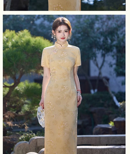 Short-Sleeve Floral Maxi Qipao