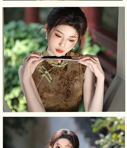 Sleeveless Floral Side-Slit Midi Qipao