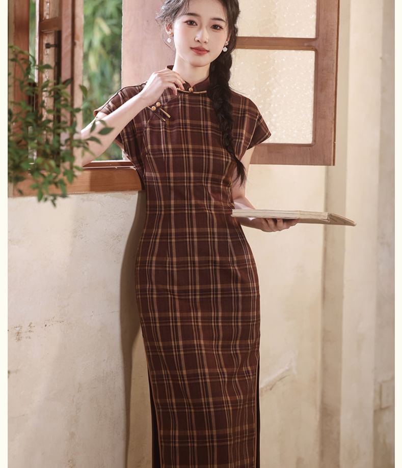 Short-Sleeve Plaid Maxi Qipao