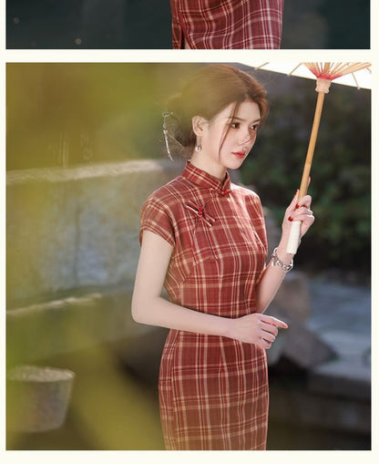 Short-Sleeve Plaid Maxi Qipao