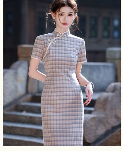 Short-Sleeve Plaid Side-Slit Midi Qipao